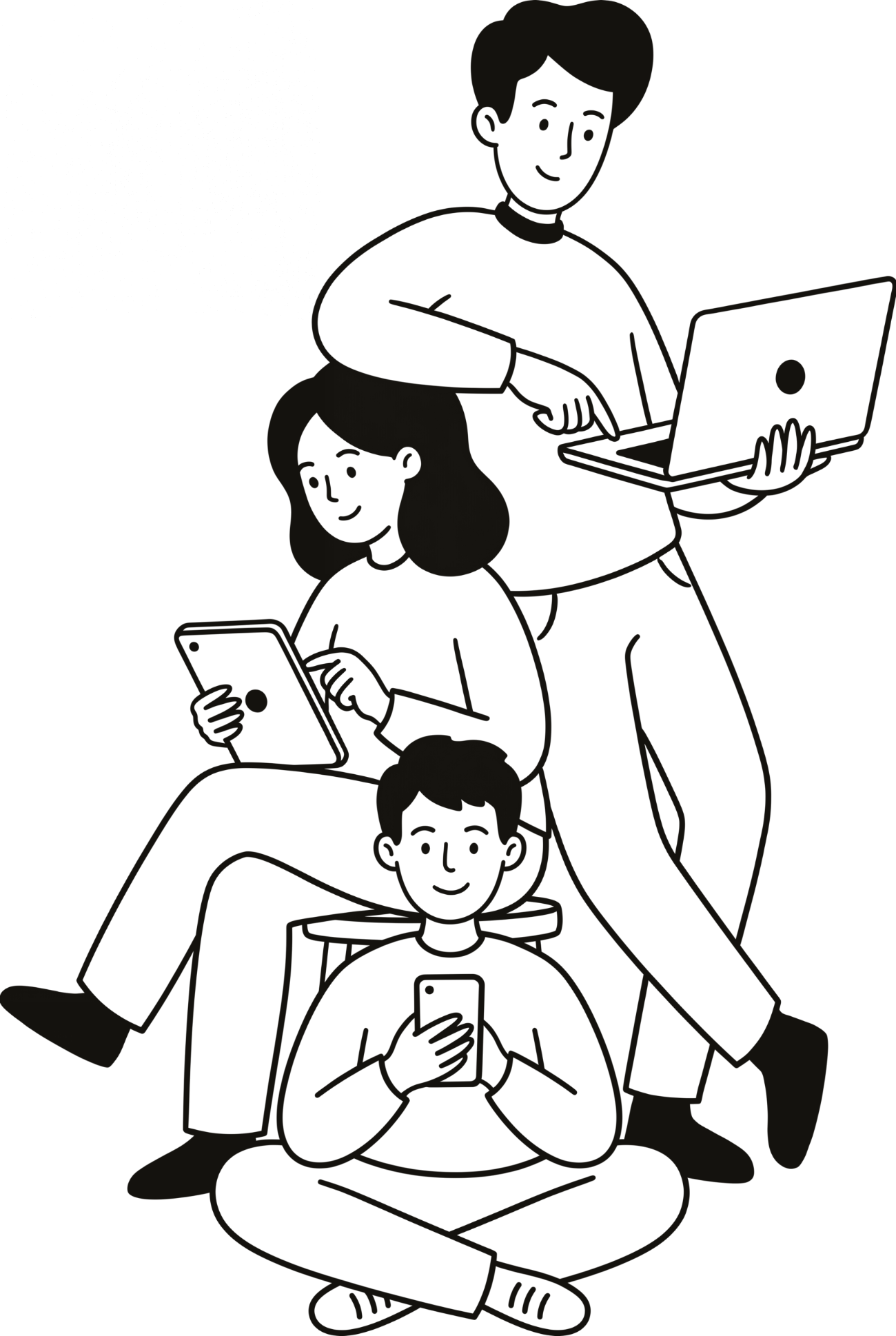 People using phones, a tablet and a laptop together around a café table