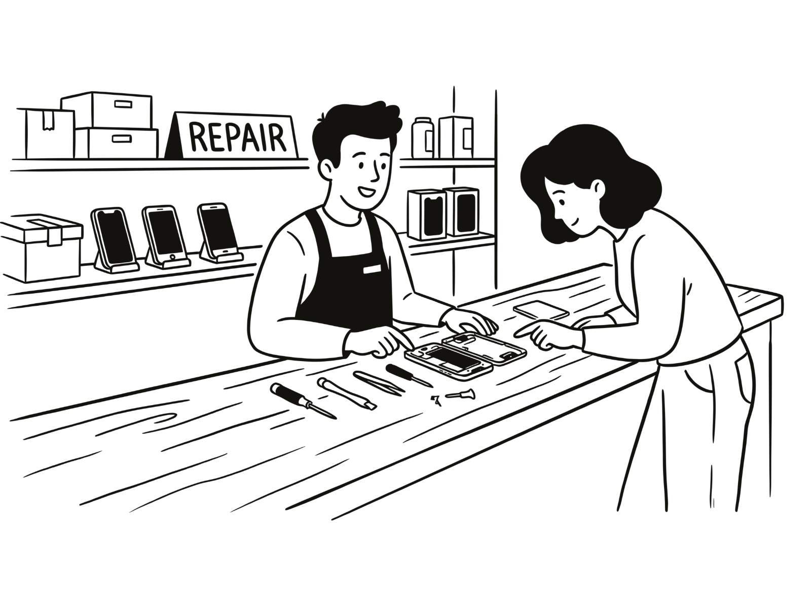 A repair-shop owner and a customer at the counter, looking at an opened phone
